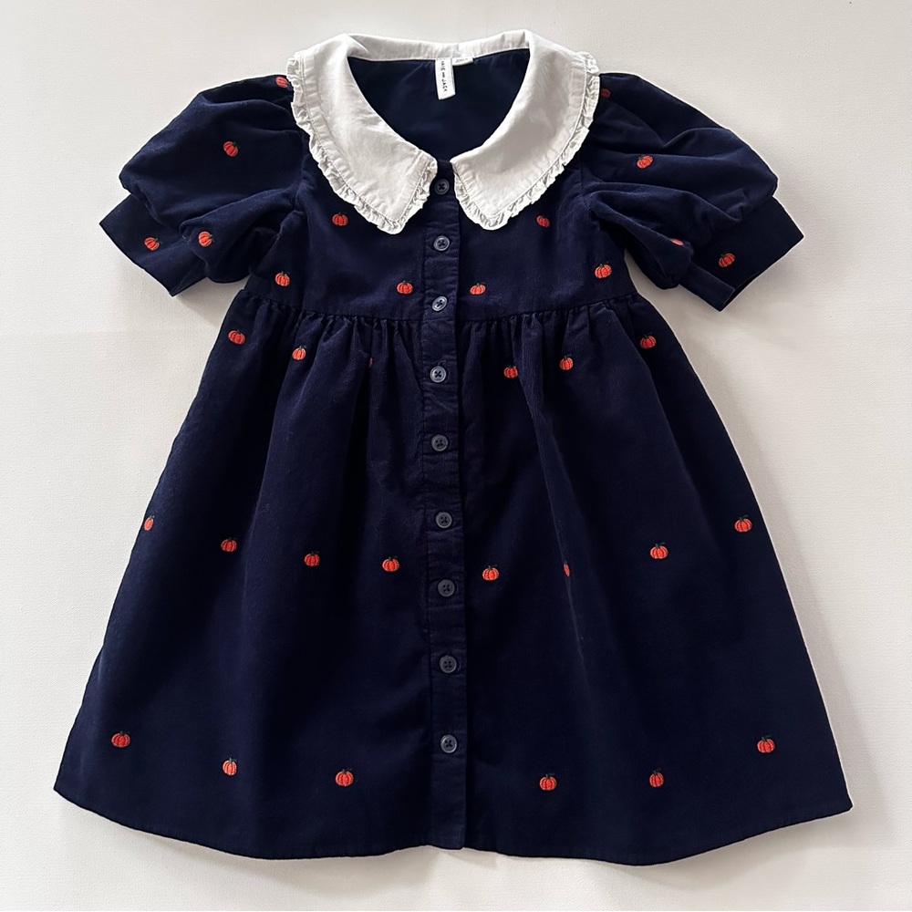 Janie and Jack Girls 6 Pumpkin Corduroy Navy Dress White Collar Fall Embroidered